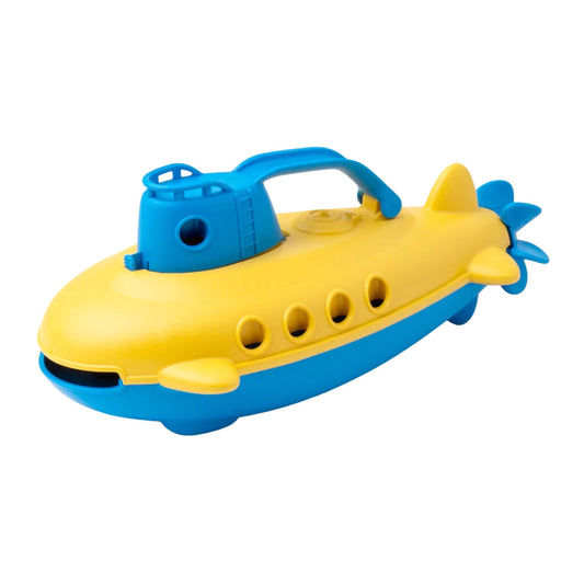 Green Toys Submarine with blue handle and yellow body, shown in profile with portholes and propeller visible. Made from 100% recycled plastic.