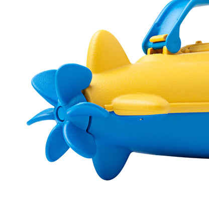 Close-up of the submarine's blue rear propeller and yellow tail fins, showing moulded detail.