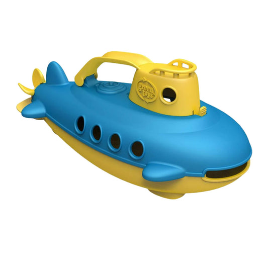 Green Toys Submarine with yellow handle and blue body, shown in side profile with visible portholes and propeller. Made from 100% recycled plastic.