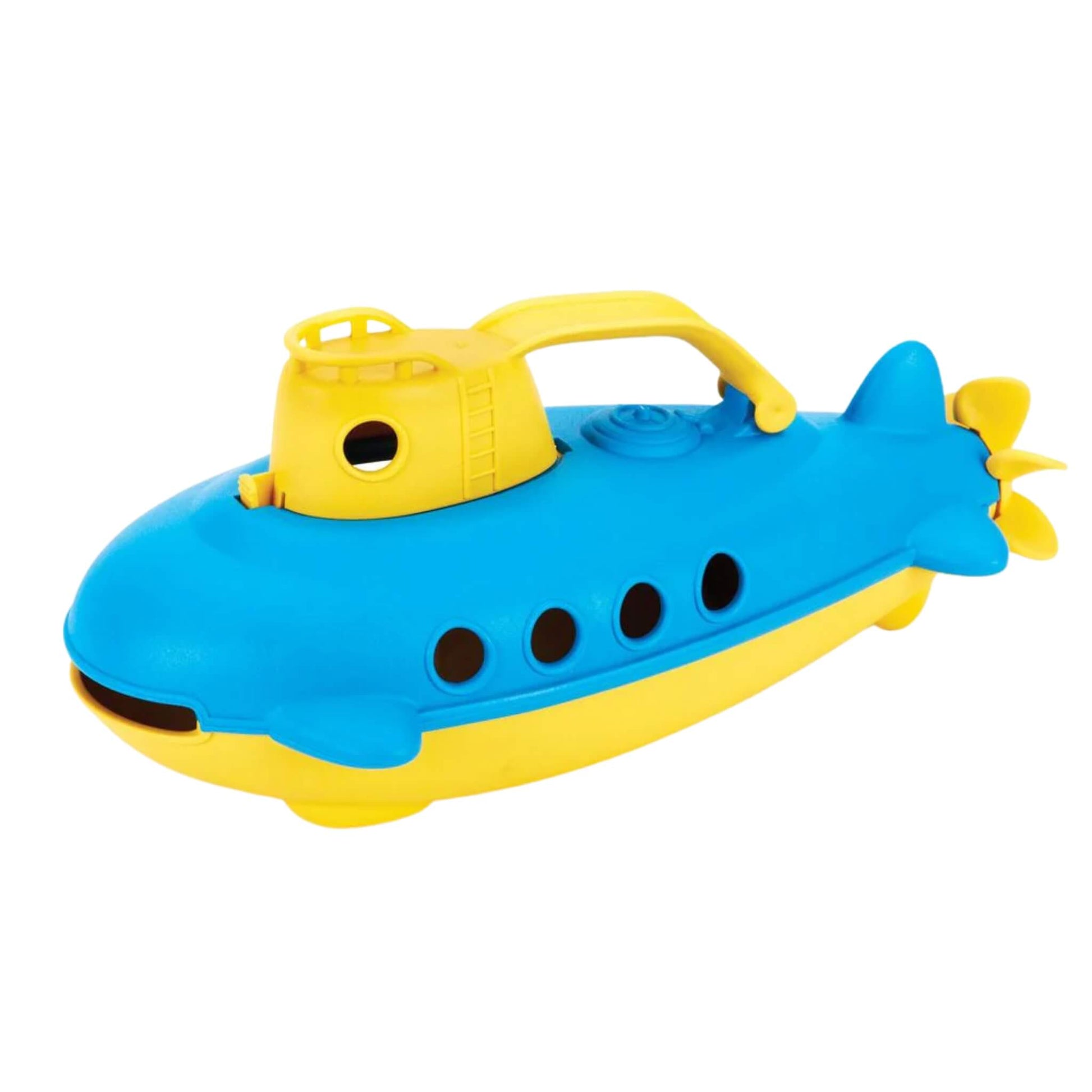 Side view of the blue and yellow submarine with spinning propeller and curved handle, shown without packaging.
