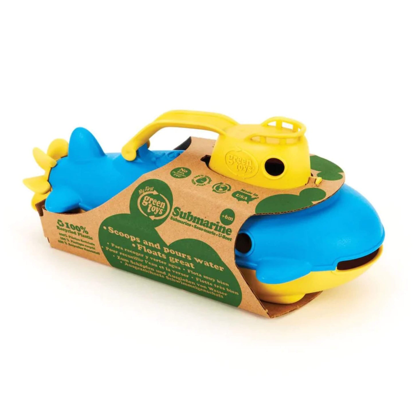 Green Toys Submarine in recycled cardboard packaging, showing eco-friendly messaging and recommended age (6 months+).