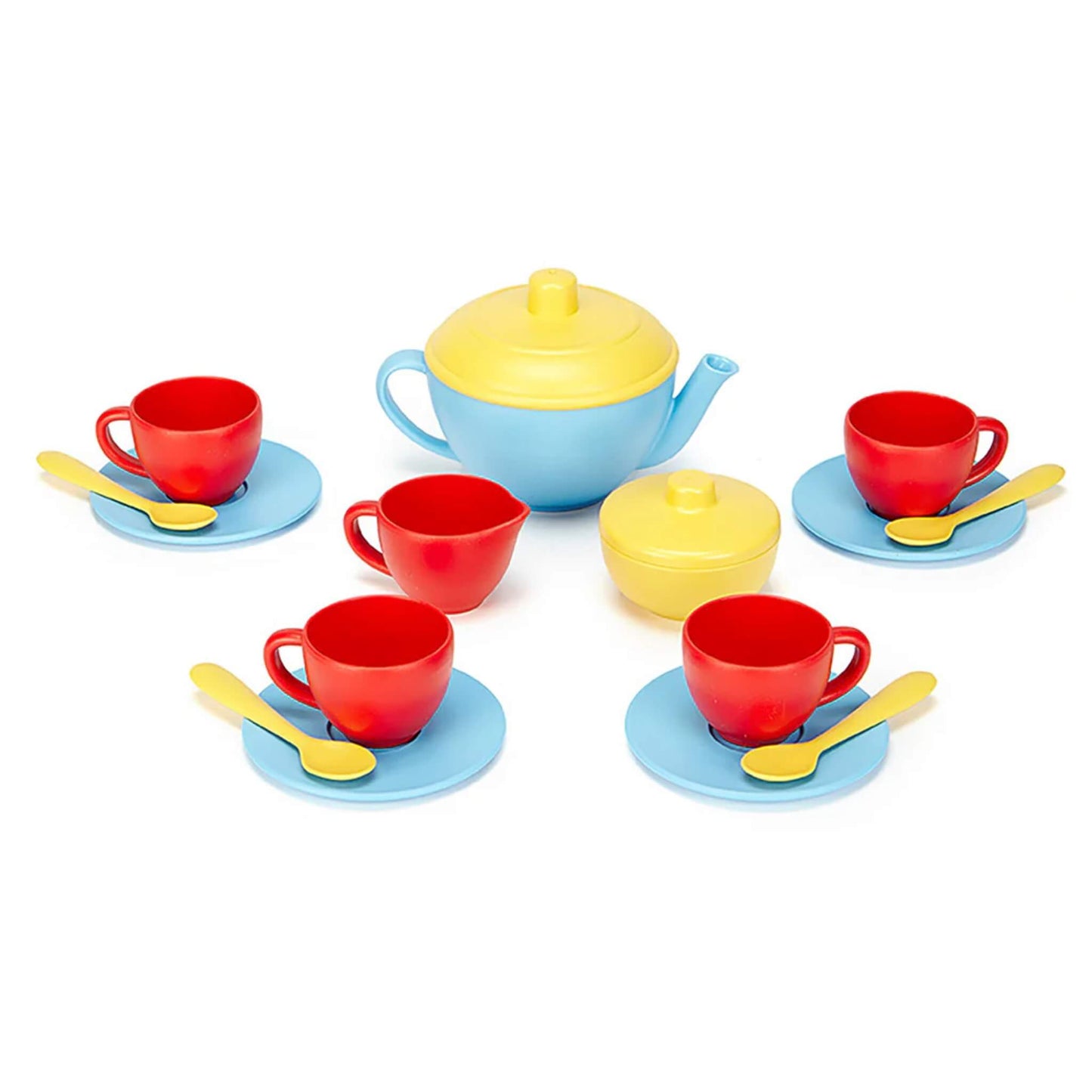 Green Toys Tea Set with a blue teapot and yellow lid, four red cups on blue saucers, four yellow spoons, a matching sugar bowl and milk jug.