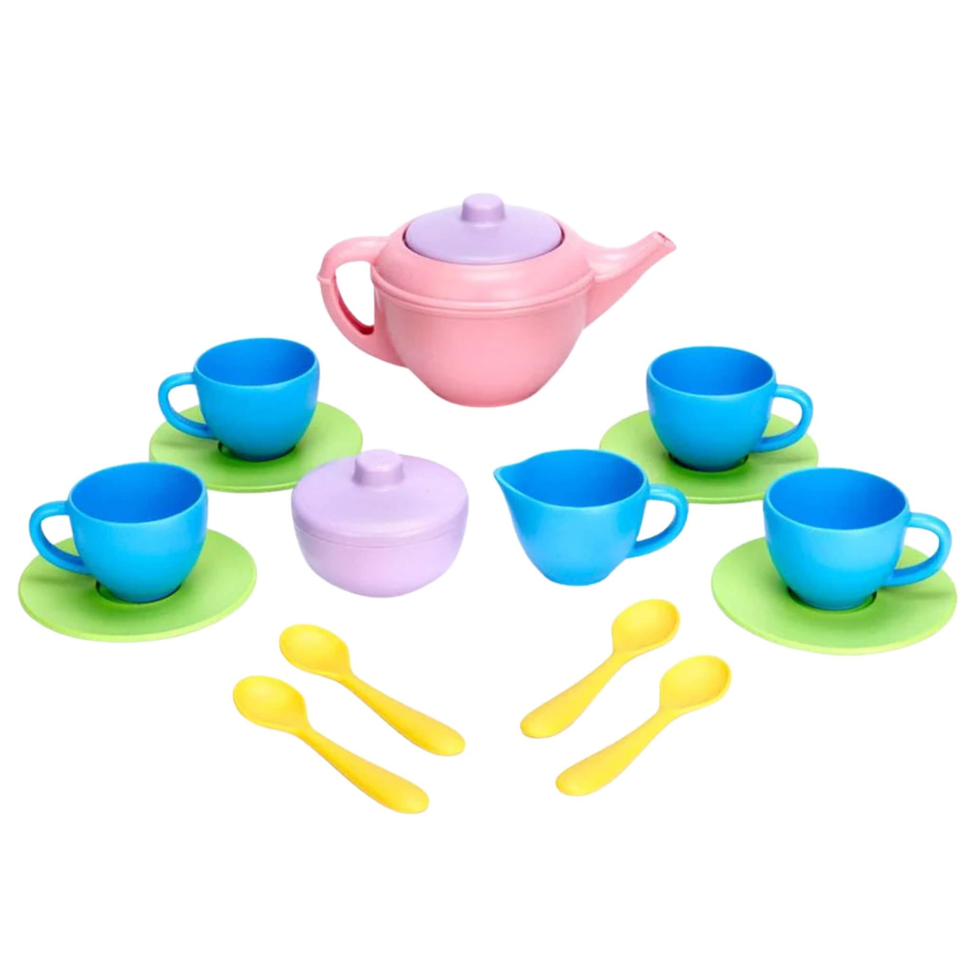 Full 17-piece Green Toys Tea Set laid out, including pink teapot, sugar bowl, creamer, four cups with saucers, and four yellow spoons, shown on a white background.