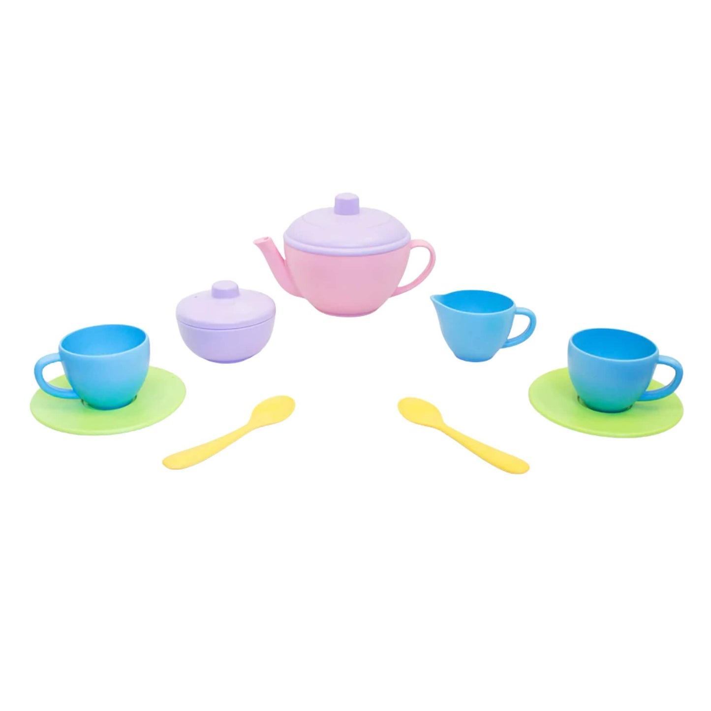 Green Toys Tea for Two set with pink teapot, purple sugar pot, blue cups, green saucers and yellow spoons, arranged on a white background.