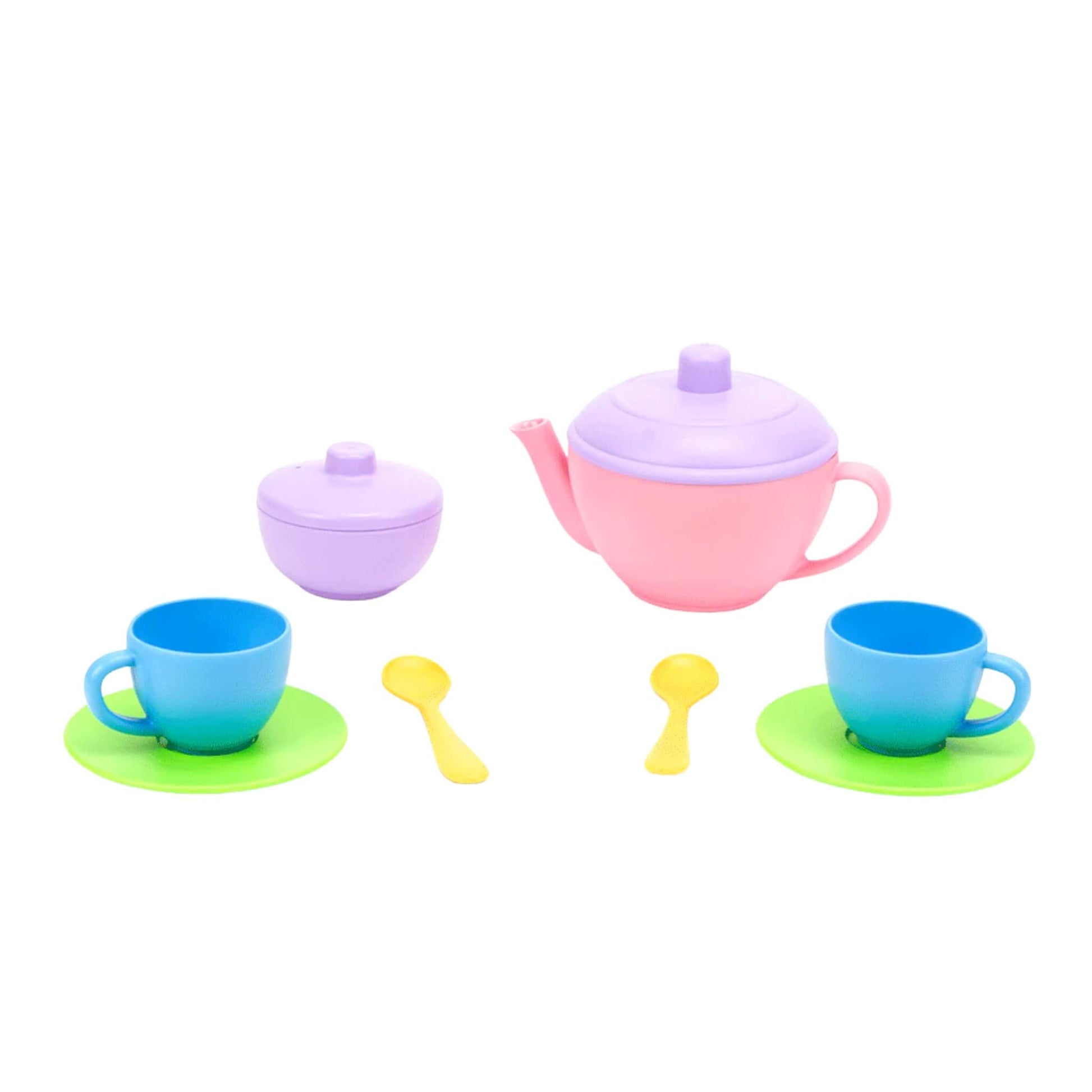 Full Tea for Two set displayed flat—teapot, milk jug, sugar pot, two blue cups with green saucers, and two yellow spoons.