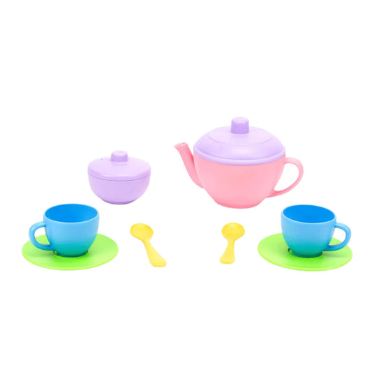 Full Tea for Two set displayed flat—teapot, milk jug, sugar pot, two blue cups with green saucers, and two yellow spoons.