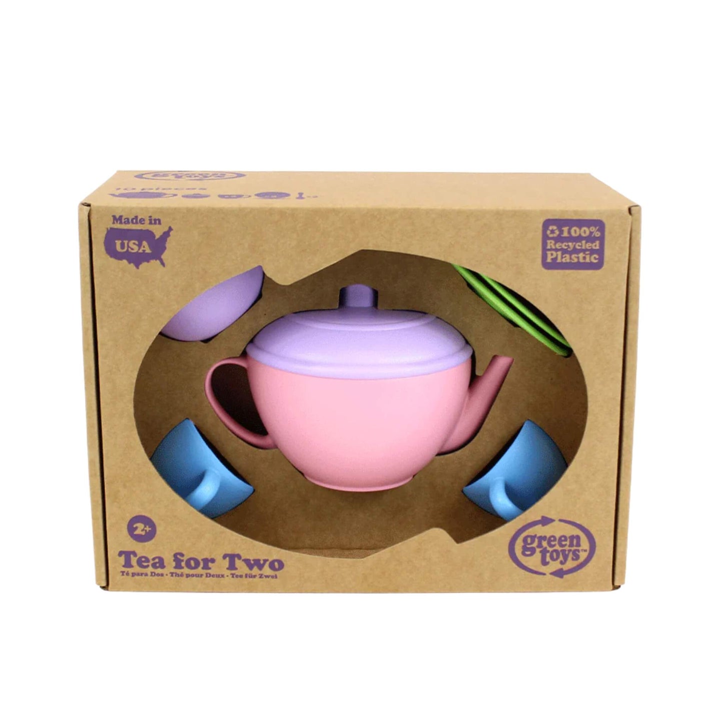 Green Toys Tea for Two boxed set shown in recycled card packaging with cut-out windows revealing the teapot and accessories inside.
