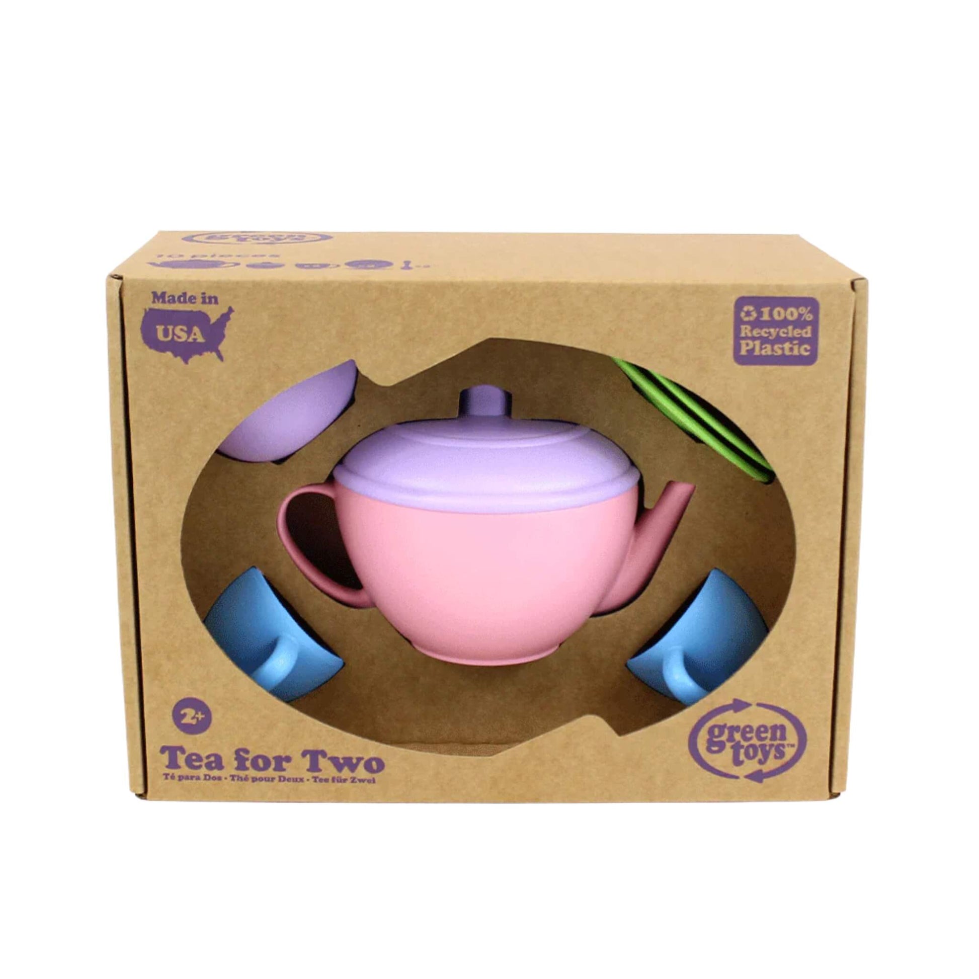 Green Toys Tea for Two boxed set shown in recycled card packaging with cut-out windows revealing the teapot and accessories inside.