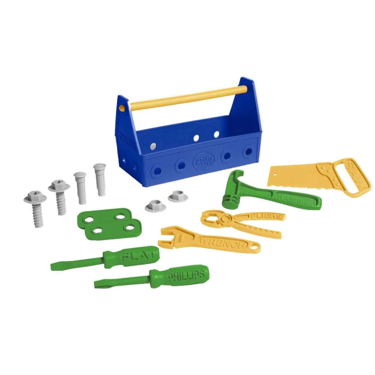 Flat lay of the Green Toys Tool Set in blue, showing the toolbox, toy tools, nuts, bolts, and connectors neatly arranged.