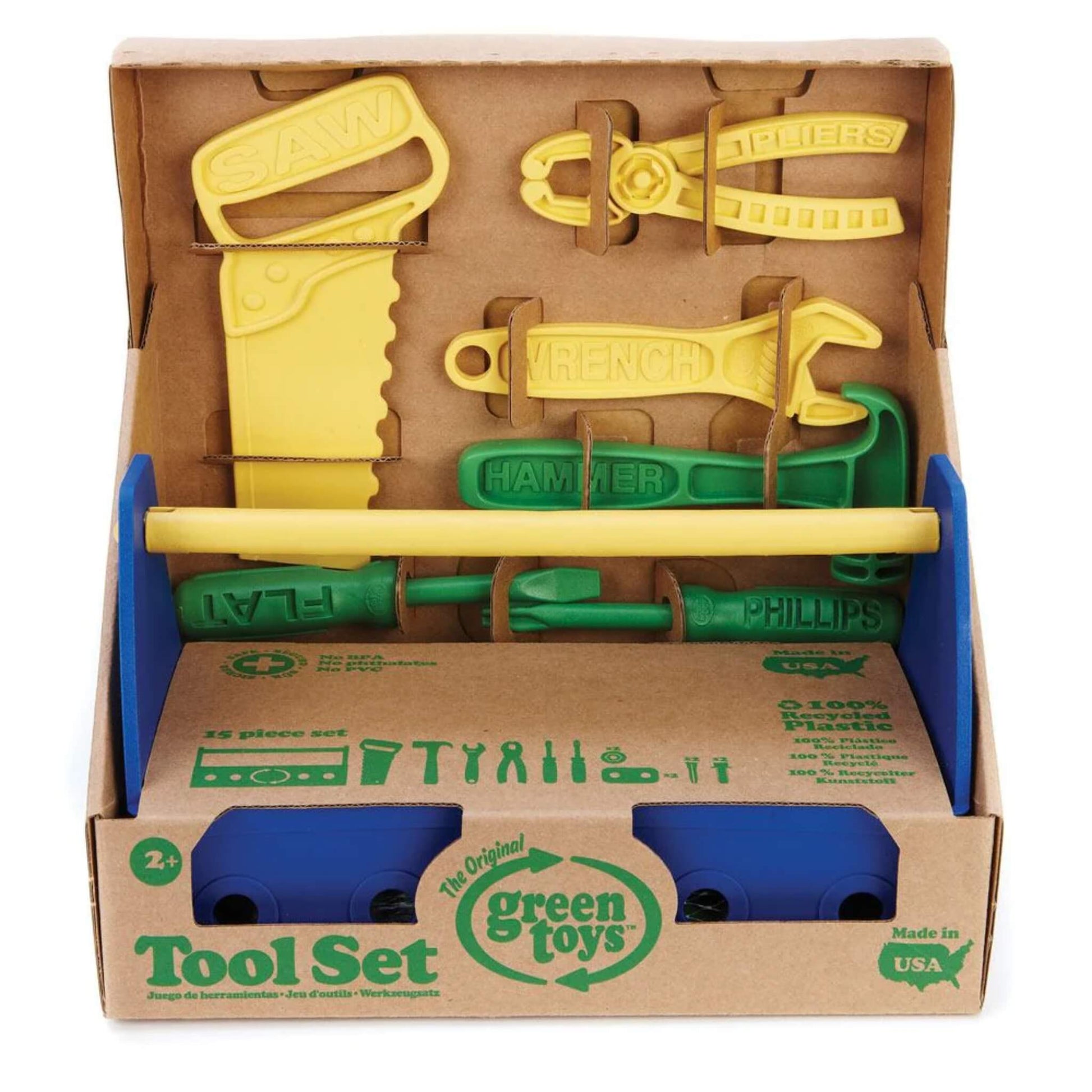 Tool Set in its open-front recycled cardboard packaging, showing the full 15-piece toy tool set including hammer, pliers, saw and screwdrivers.
