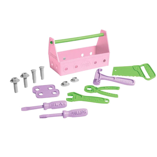 A pink Green Toys Tool Set featuring a toolbox, green and lilac tools, and grey accessories neatly arranged on a white background.