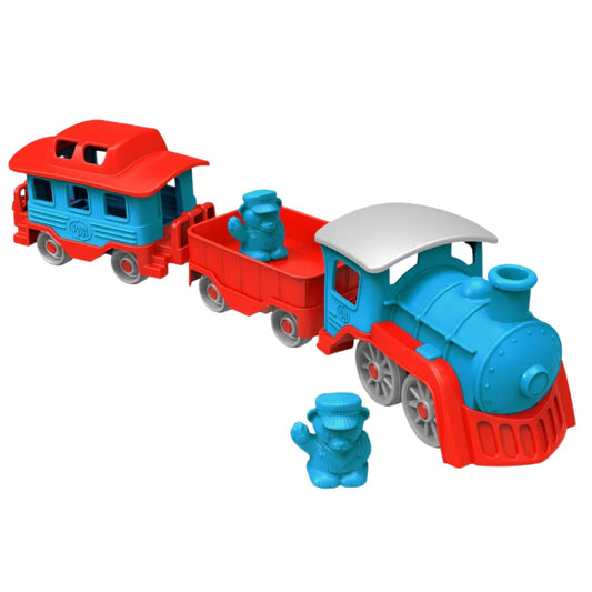 Green Toys Train set with detachable cars and two bear conductors, shown on a white background.
