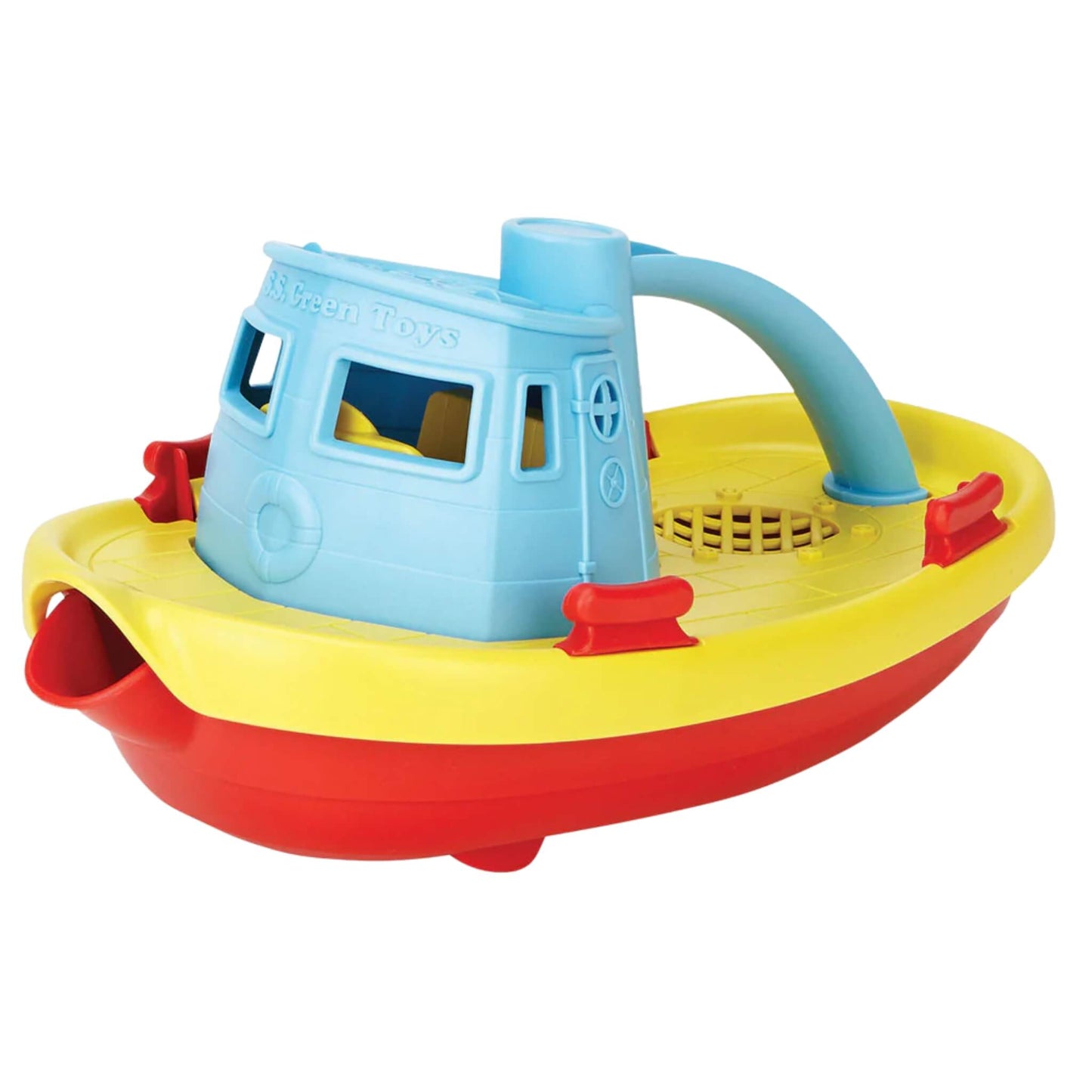 A Green Toys Tugboat in bright red, yellow, and blue with a curved blue handle and detailed windows, shown isolated on a white background.