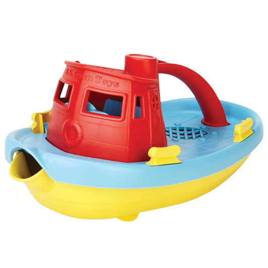 Green Toys Tugboat with red top shown from a side angle, featuring its raised cabin, open deck and wide front spout for pouring.