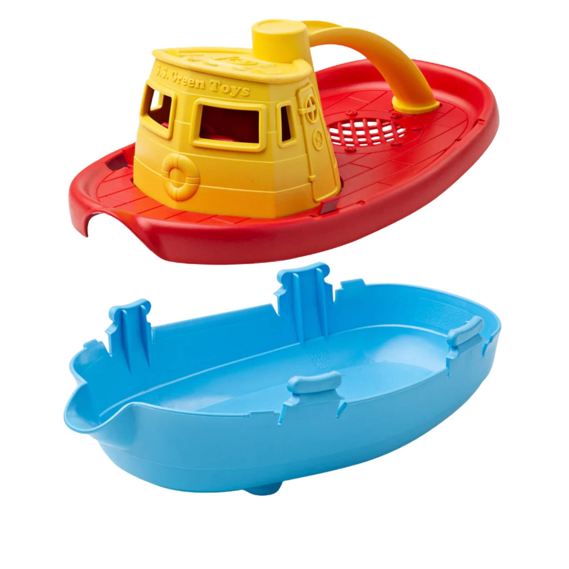 The tugboat is separated into two parts, showing the detachable top section and hollow base for easy cleaning and drying.