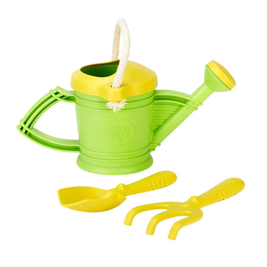 Green Toys Watering Can set shown in green and yellow with matching rake and spade, designed for little hands and made from recycled plastic.