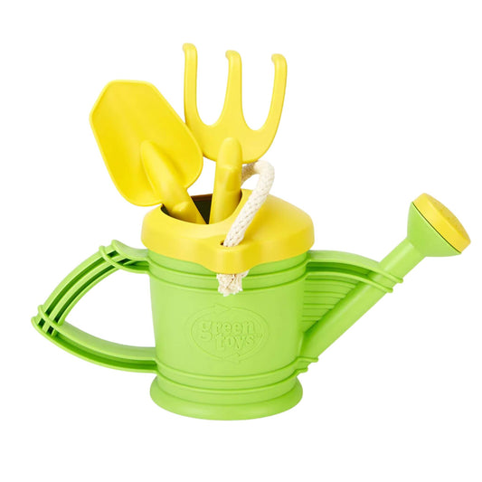Children’s watering can filled with toy rake and spade, with soft rope handle visible and tools stored neatly inside the can.