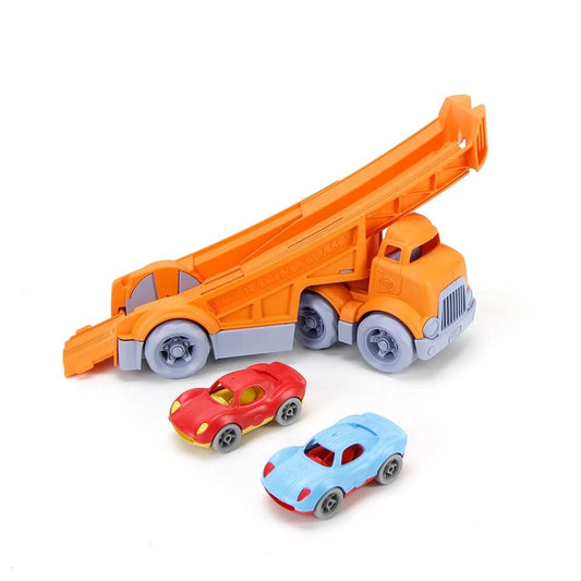 Racing Truck features chunky tyres and an orange trailer equipped with an extended ramp, designed to transport two race car toys.