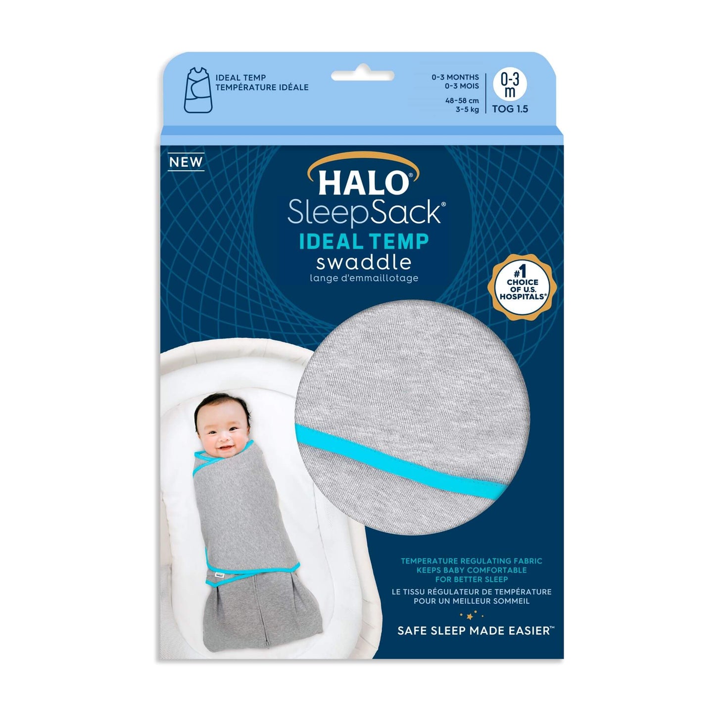 Halo SleepSack Ideal Temp Swaddle - 1.5 Tog (Heather Grey/Aqua)