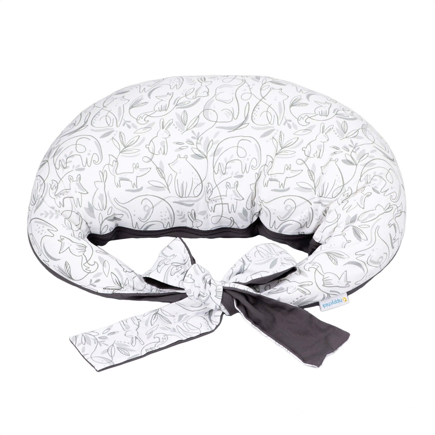 Hippychick Feeding Pillow Animal Friends design with grey outlined animal illustrations, white cotton cover, and long ties for securing around the waist.