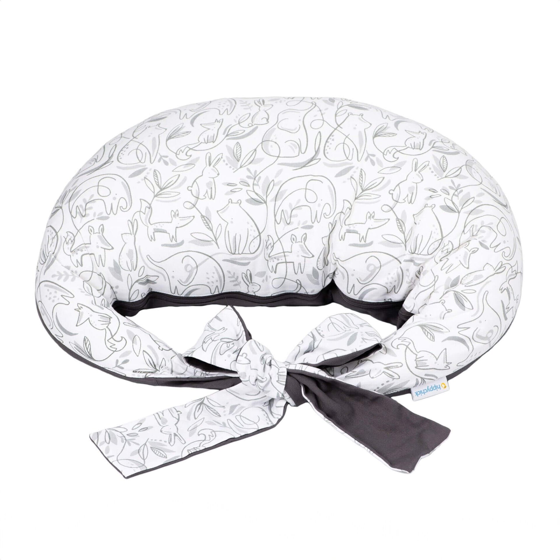 Hippychick Feeding Pillow Animal Friends design with grey outlined animal illustrations, white cotton cover, and long ties for securing around the waist.