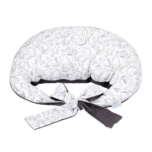 Hippychick Feeding Pillow Animal Friends design with grey outlined animal illustrations, white cotton cover, and long ties for securing around the waist.
