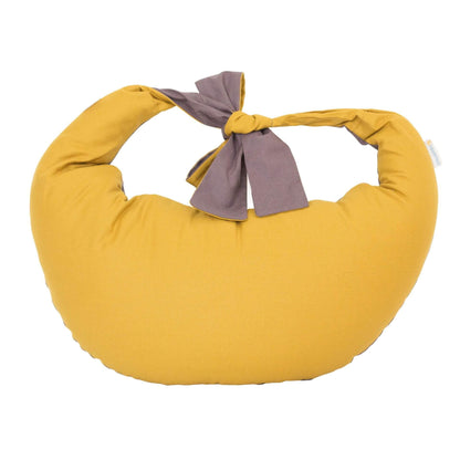 Hippychick Feeding Pillow in Charcoal and Goldfinch Yellow shown in a crescent shape with wide ties, designed to support breastfeeding and bottle feeding.