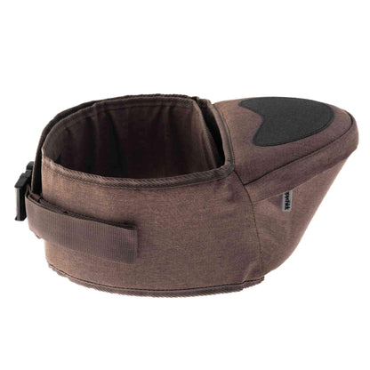 Side view of mocha brown hipseat baby carrier showing padded seating area.