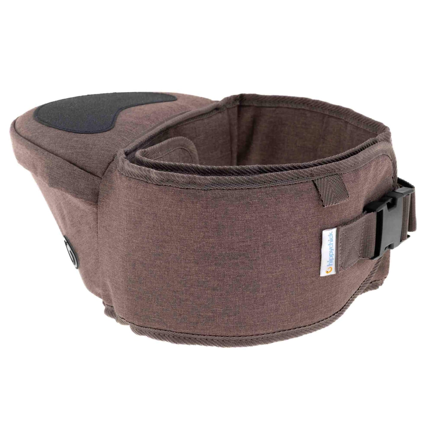 Back view of hipseat carrier in mocha shade with adjustable buckle fastening.
