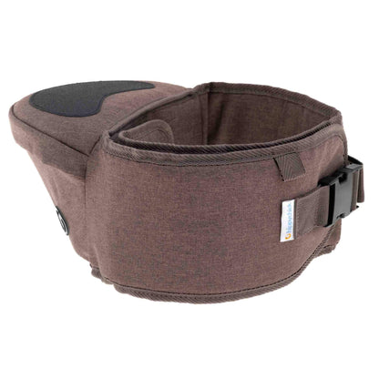 Back view of hipseat carrier in mocha shade with adjustable buckle fastening.