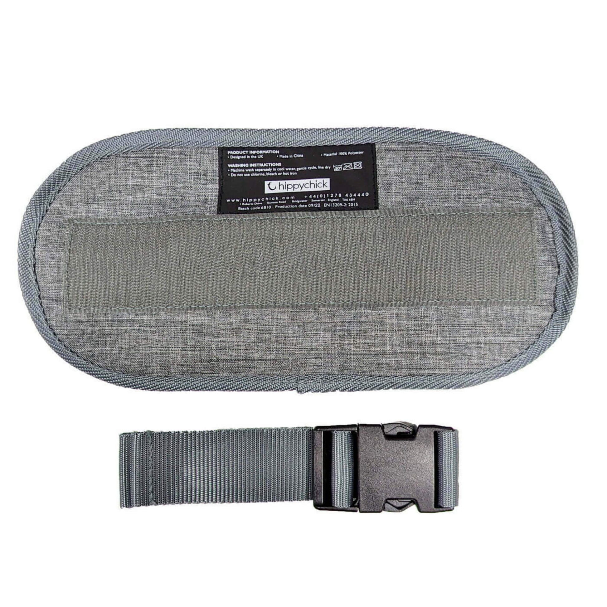 Grey Hippychick Hipseat Extension showing fabric texture with waistband strap and buckle.