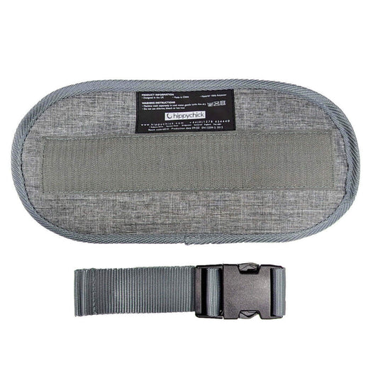 Grey Hippychick Hipseat Extension showing fabric texture with waistband strap and buckle.