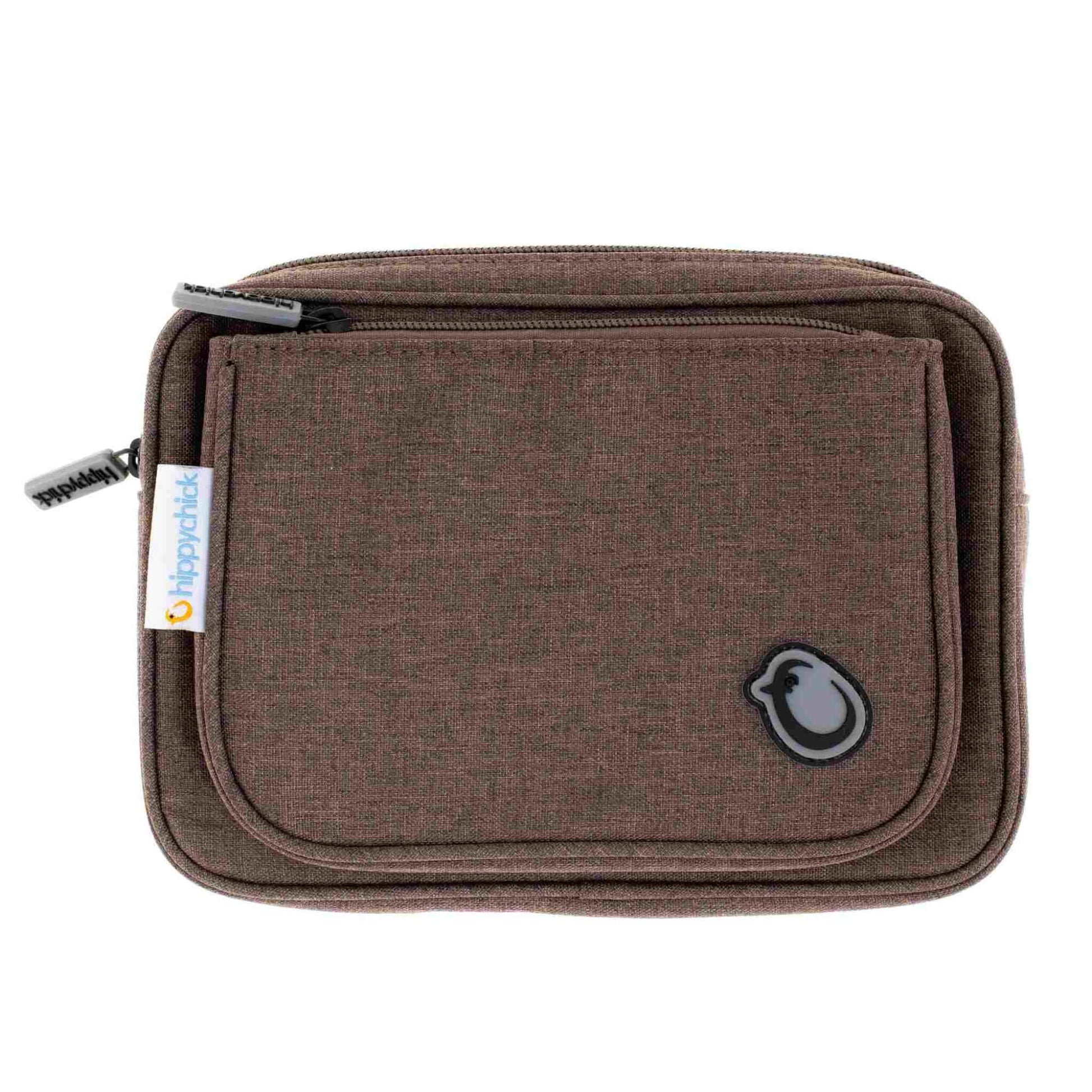 Hippychick Hipseat Pouch in mocha brown with a front zip design and logo emblem detail.