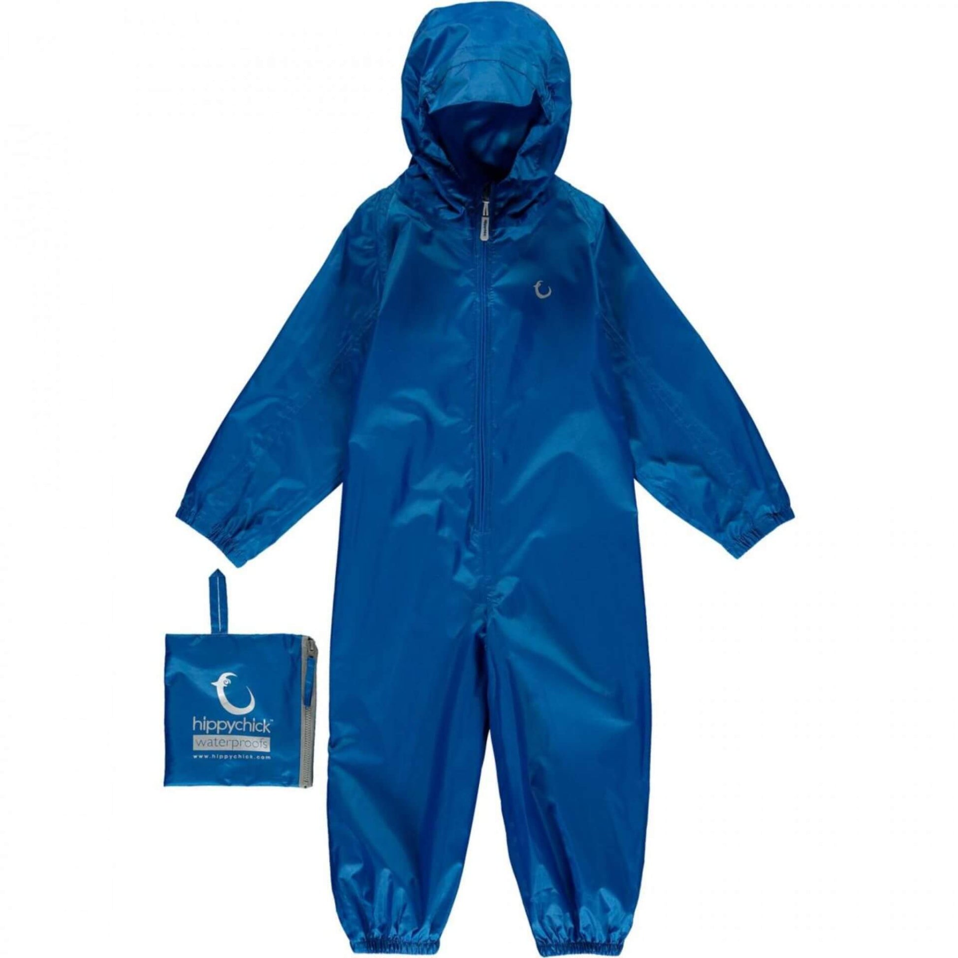 Hippychick Toddler Waterproof Packasuit in Nebulas Blue shown with matching storage bag.