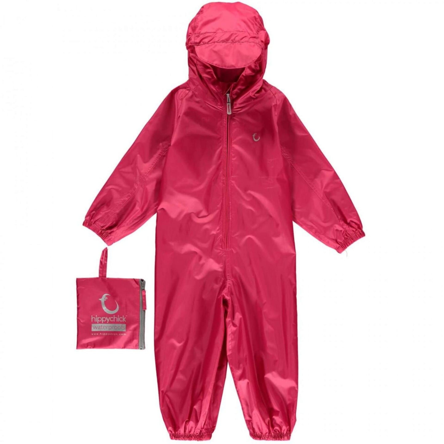 Hippychick Toddler Waterproof Packasuit in Pink Peacock with matching storage bag, featuring a hood, zip front, and elasticated cuffs.