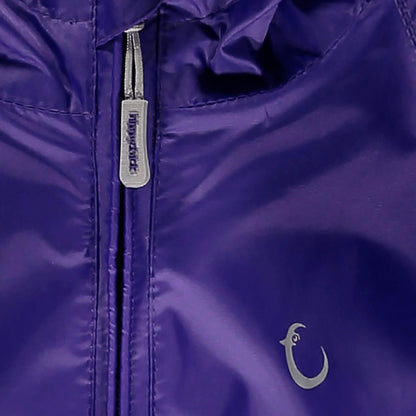 Close-up of a deep purple Packasuit zipper with a small brand logo near the bottom right corner.