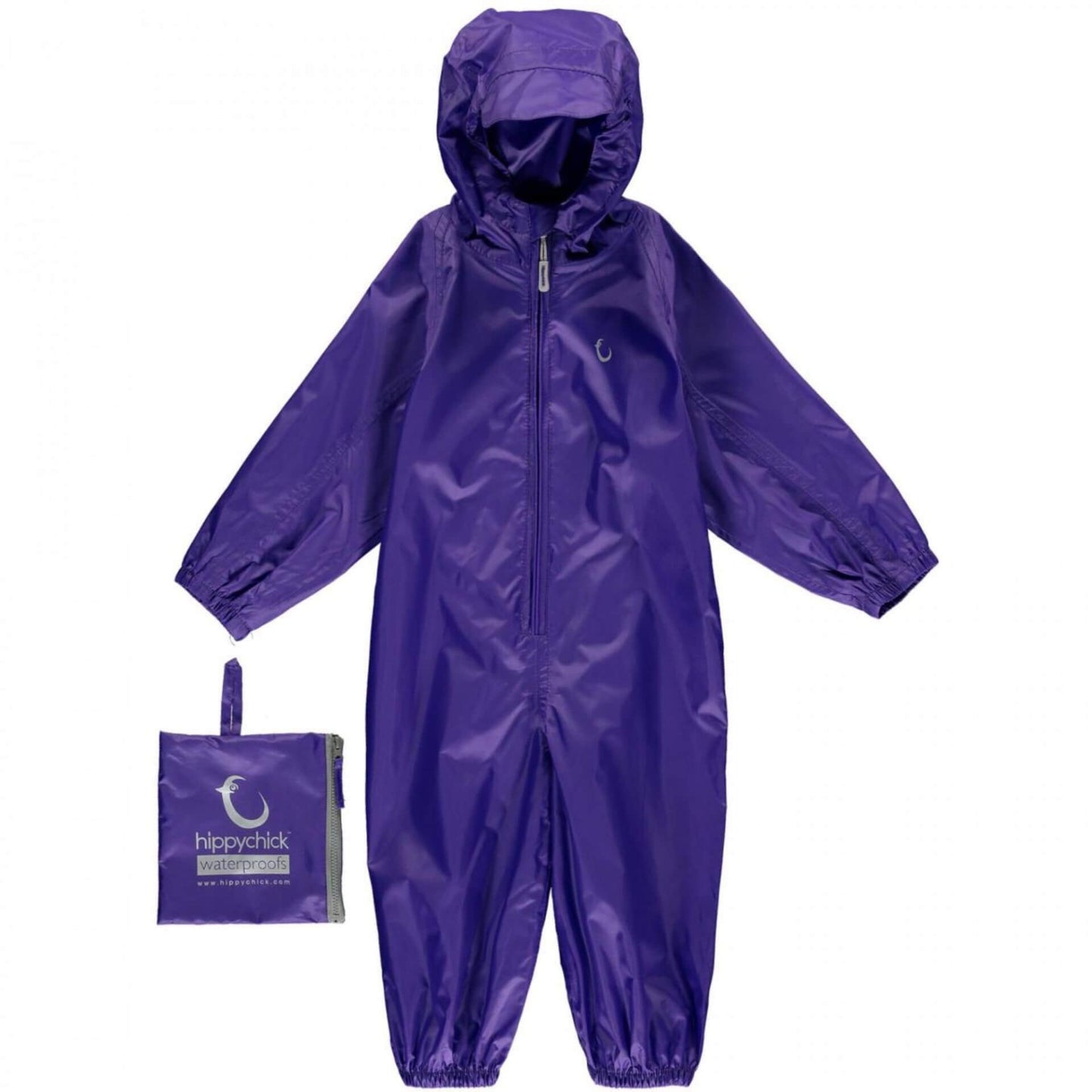 A Purple Hippychick Packasuit with a front zipper, hood, and elastic cuffs. Includes a compact storage bag. Waterproof and windproof.