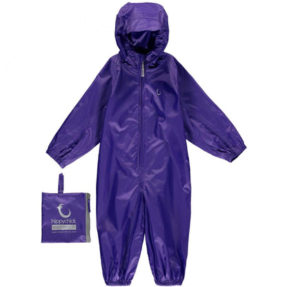 A Purple Hippychick Packasuit with a front zipper, hood, and elastic cuffs. Includes a compact storage bag. Waterproof and windproof.