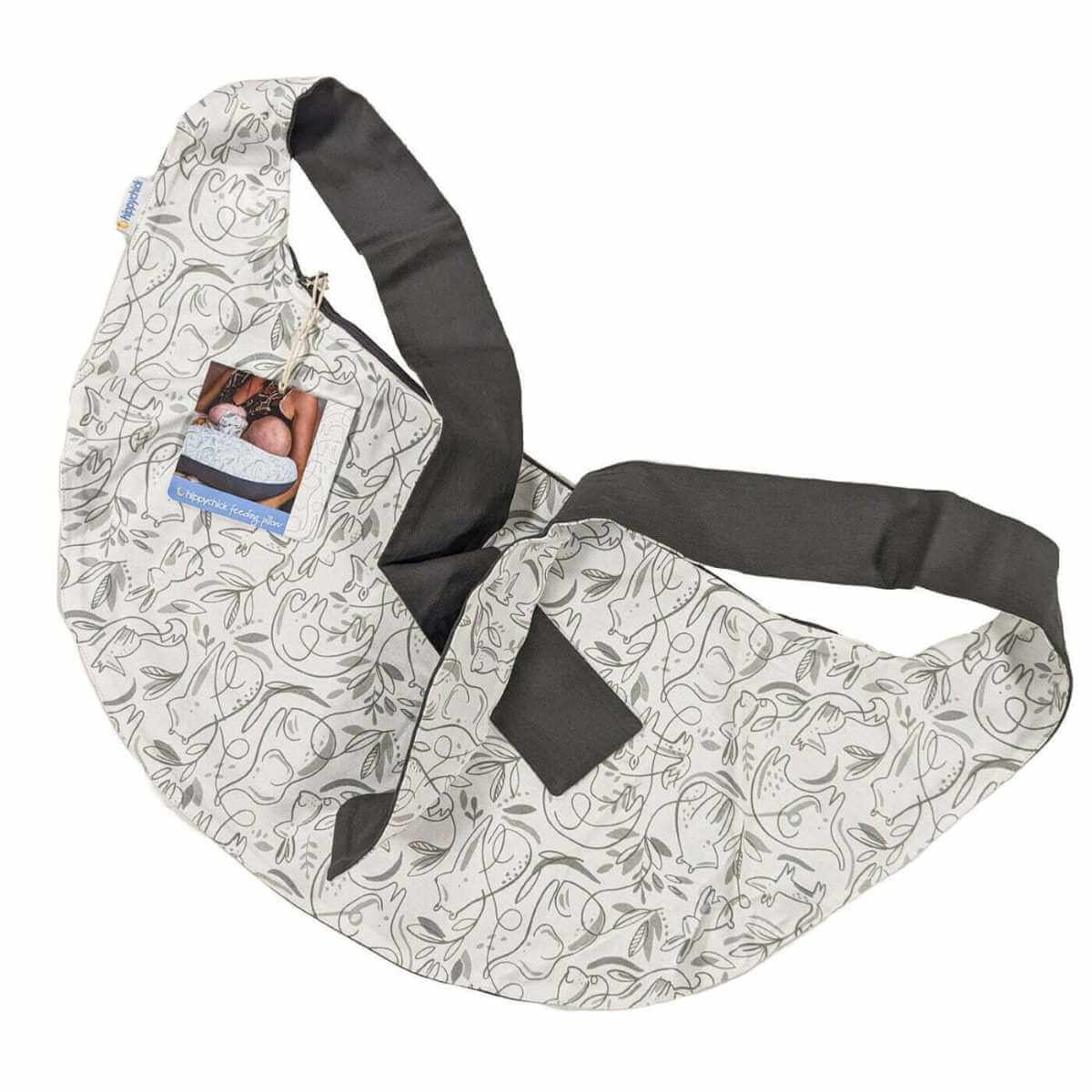 Hippychick spare feeding pillow cover in Animal Friends design, featuring a grey illustrated animal and leaf pattern on a white cotton fabric with dark grey ties.