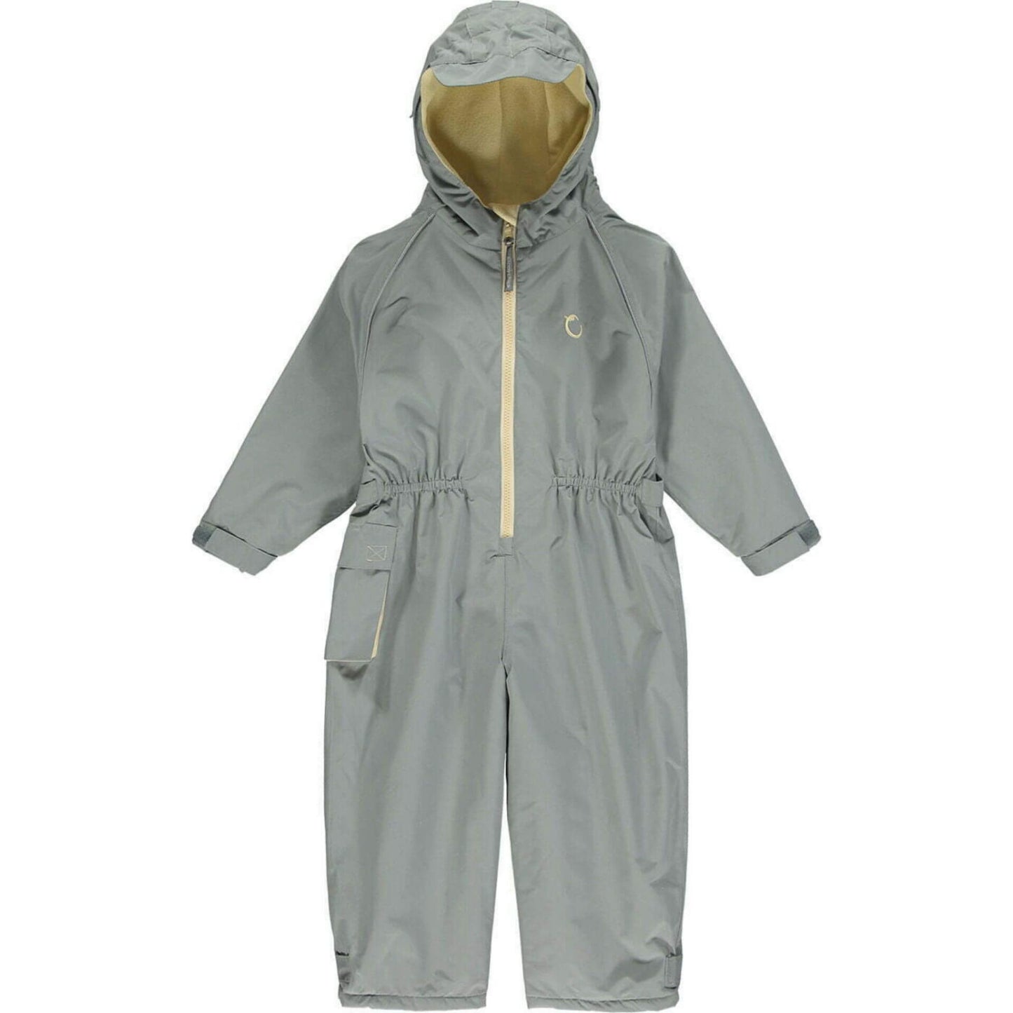 A Hippychick Toddler All-In-One Waterproof Fleece Lined Suit in Cool Grey, showing the full-length suit with hood, beige zip, and soft fleece lining for warmth.