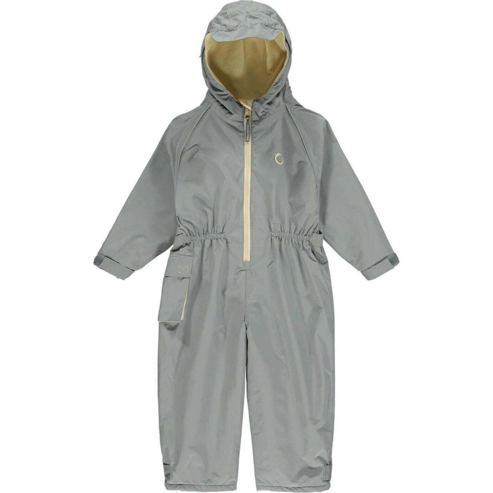 A Hippychick Toddler All-In-One Waterproof Fleece Lined Suit in Cool Grey, showing the full-length suit with hood, beige zip, and soft fleece lining for warmth.