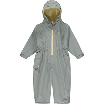 A Hippychick Toddler All-In-One Waterproof Fleece Lined Suit in Cool Grey, showing the full-length suit with hood, beige zip, and soft fleece lining for warmth.