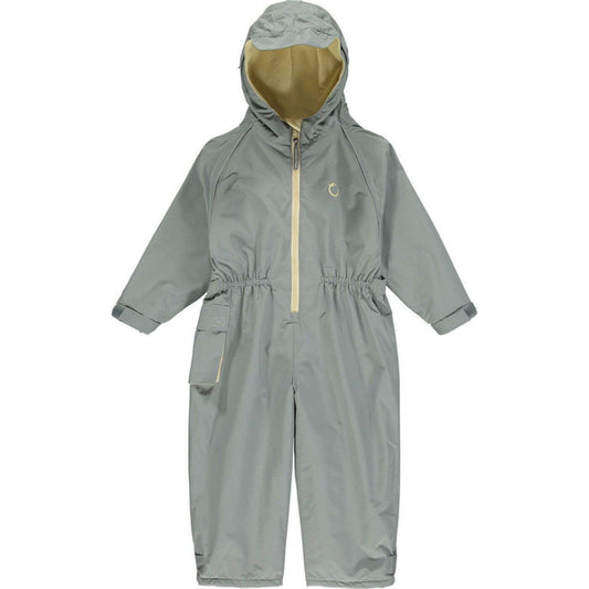 A Hippychick Toddler All-In-One Waterproof Fleece Lined Suit in Cool Grey, showing the full-length suit with hood, beige zip, and soft fleece lining for warmth.