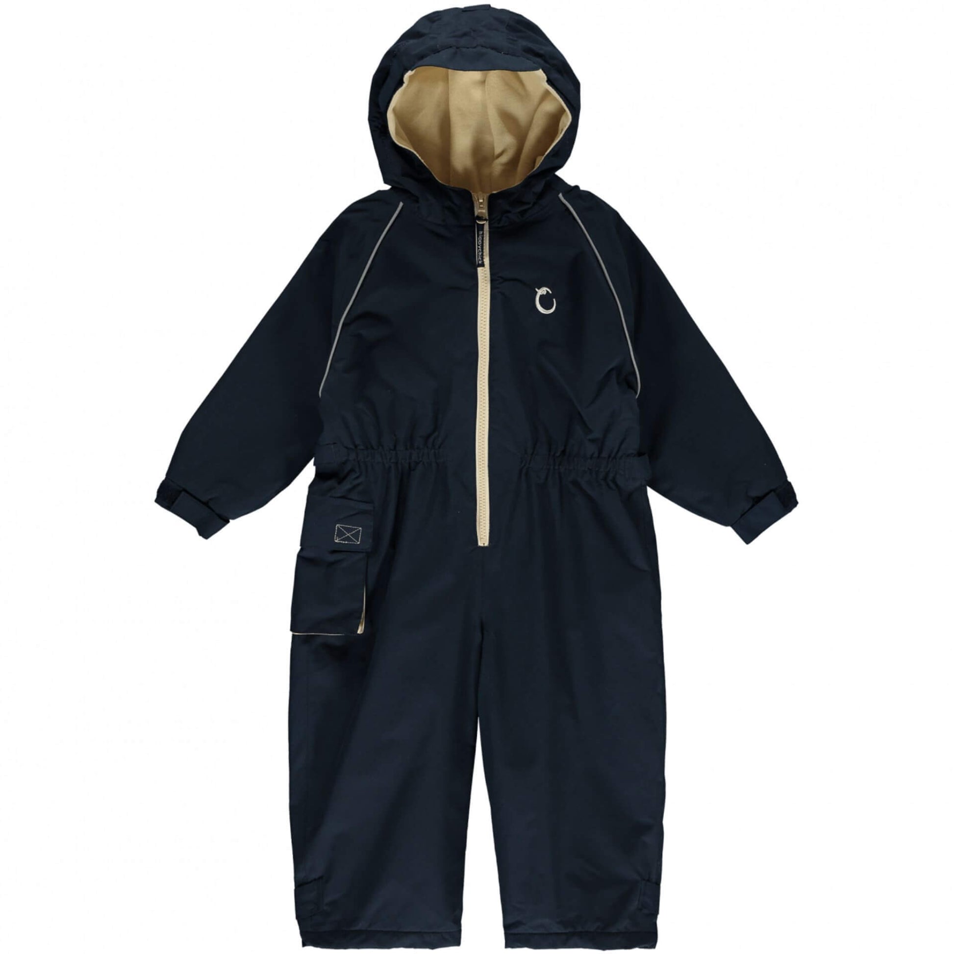 A Hippychick Toddler All-In-One Waterproof Fleece Lined Suit in Midnight Blue, showing the full-length design with hood, beige zip and soft fleece lining for warmth.