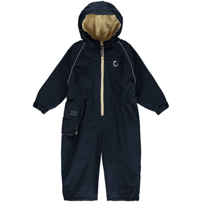 A Hippychick Toddler All-In-One Waterproof Fleece Lined Suit in Midnight Blue, showing the full-length design with hood, beige zip and soft fleece lining for warmth.