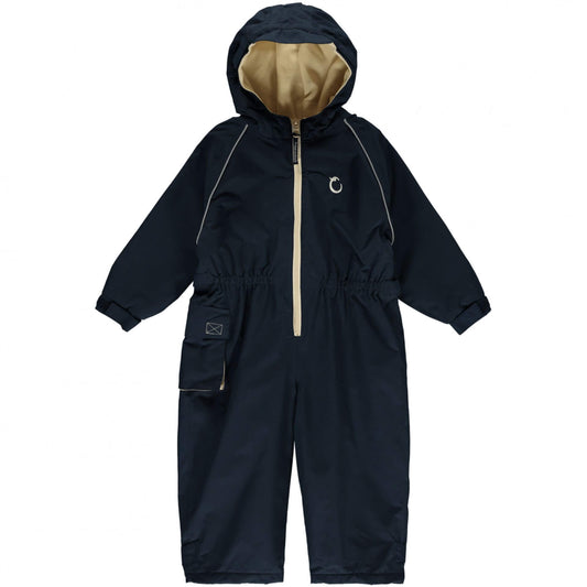A Hippychick Toddler All-In-One Waterproof Fleece Lined Suit in Midnight Blue, showing the full-length design with hood, beige zip and soft fleece lining for warmth.