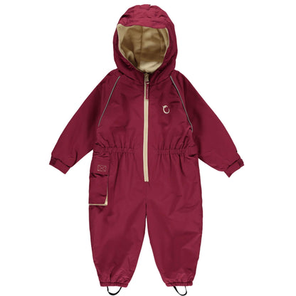 Hippychick toddler all-in-one waterproof fleece-lined suit in raspberry colour, featuring a hood, elasticated waist, and adjustable cuffs for warmth and protection.