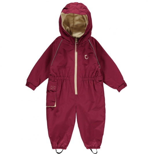 Hippychick toddler all-in-one waterproof fleece-lined suit in raspberry colour, featuring a hood, elasticated waist, and adjustable cuffs for warmth and protection.