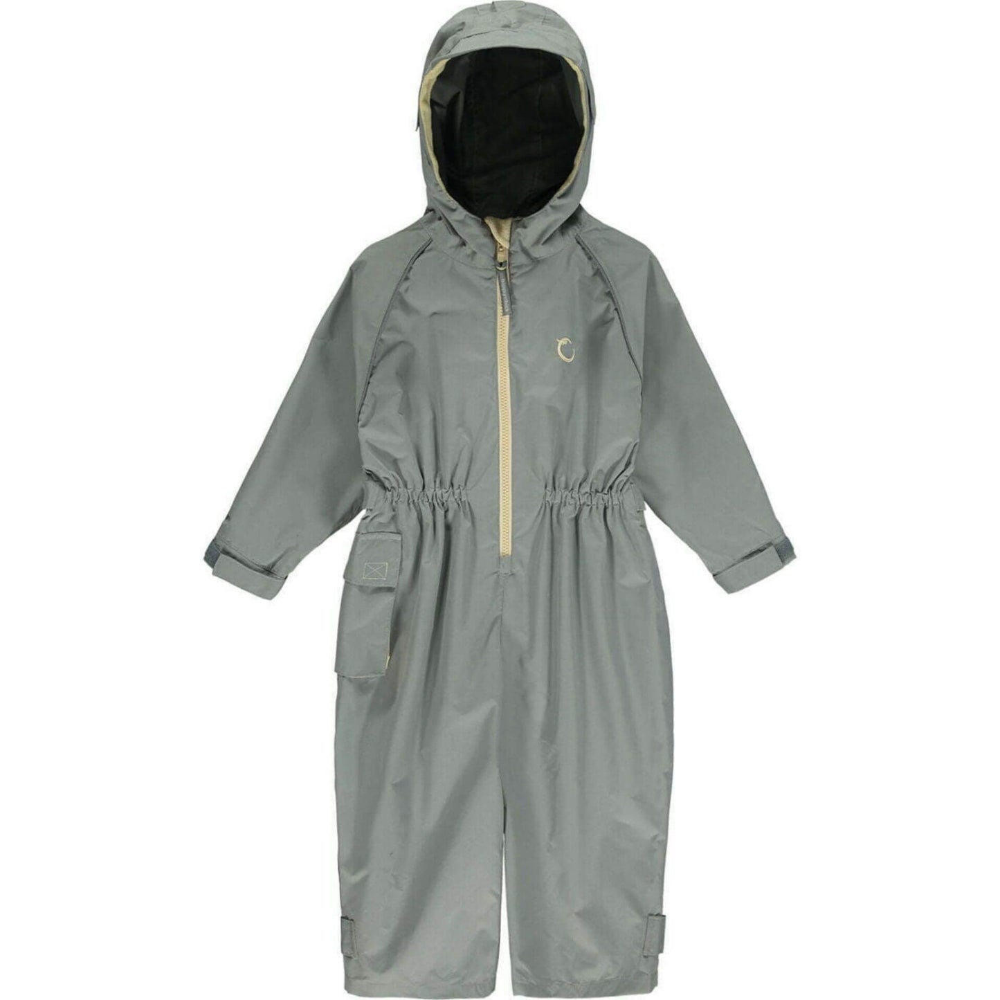 A Hippychick Toddler All-In-One Waterproof Shell Suit in Cool Grey, showing the full-length suit with hood, beige zip, elasticated cuffs and waist for weather protection.