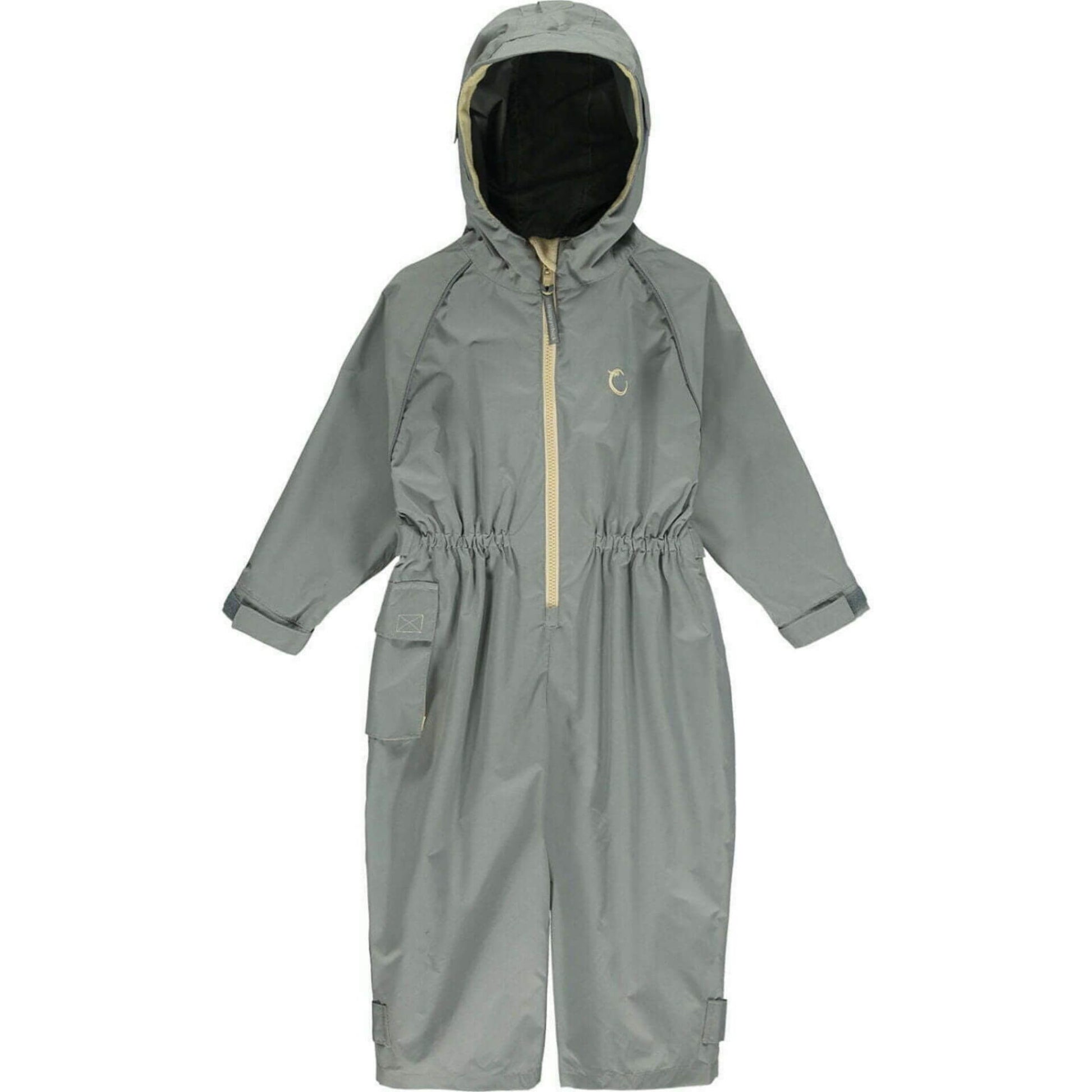 A Hippychick Toddler All-In-One Waterproof Shell Suit in Cool Grey, showing the full-length suit with hood, beige zip, elasticated cuffs and waist for weather protection.